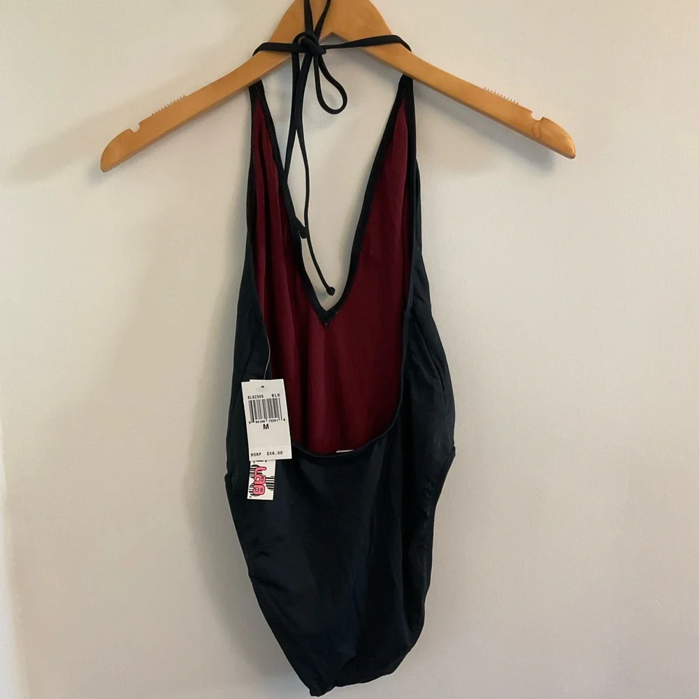 The Bikini Lab Black Halter One-Piece Swimsuit with Wine Lining, Sz M NWT